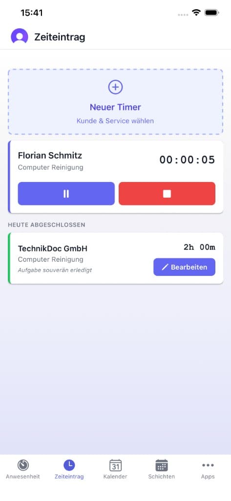 Chrono App Zeiteintrag mit neuem Timer, aktiver Sitzung und Liste heute abgeschlossen, helles Theme