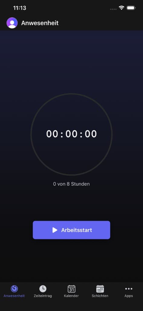 FourTimes App: Anwesenheit mit Timer‑Ring und Arbeitsstart, dunkles Theme
