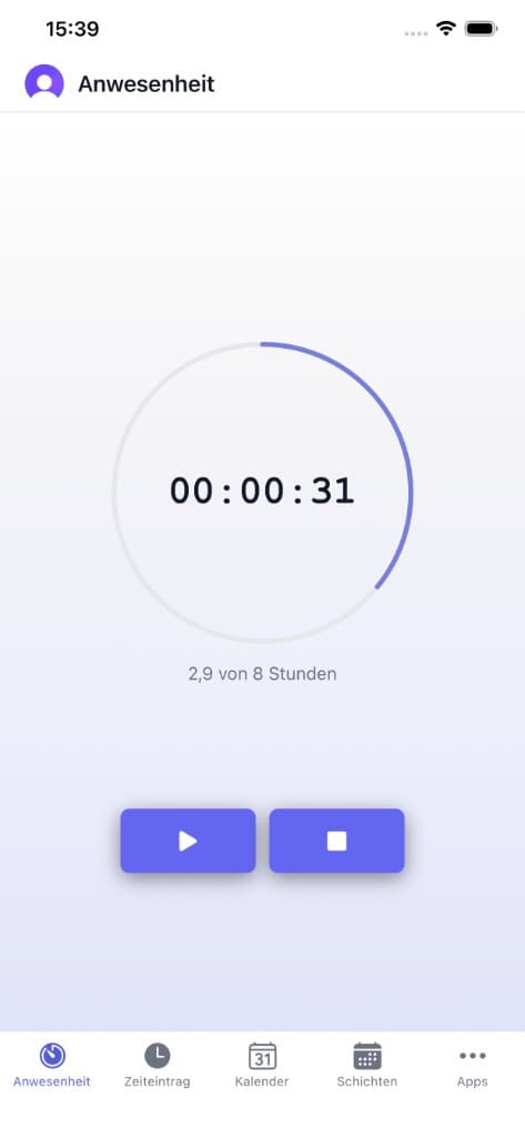 FourTimes App: Anwesenheit mit Timer‑Ring und Tagesziel, helles Theme