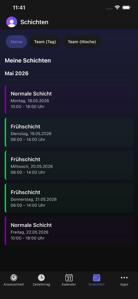 FourTimes App Schichten: persönlicher Plan mit Tabs und Schichtkarten, dunkles Theme