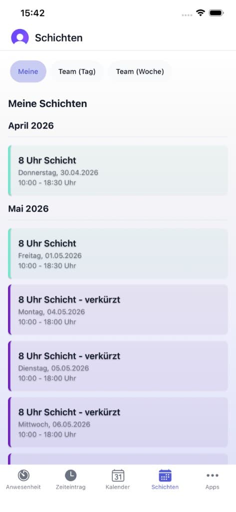 FourTimes App Schichten: persönlicher Plan mit Tabs und Schichtkarten, helles Theme