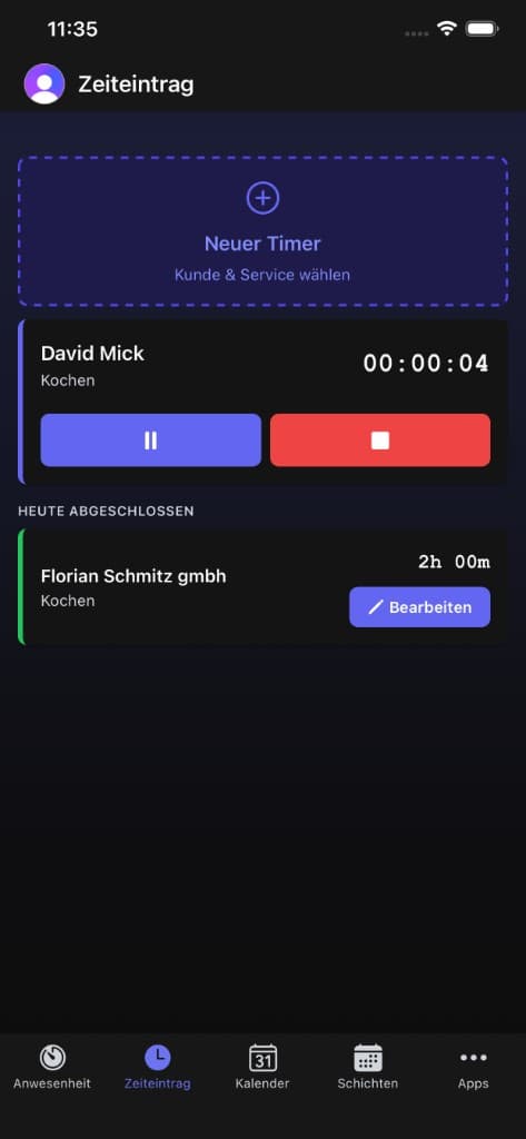 FourTimes App Zeiteintrag mit neuem Timer, aktiver Sitzung und heute abgeschlossen, dunkles Theme